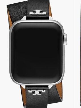 Tory Burch Black Leather Double Wrap Watch Strap with Silver Hardware